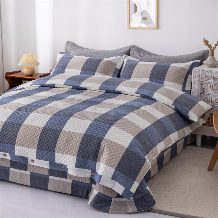 91家纺网 家纺一手货源 找家纺 优乐家纺 2025新款全棉四件套水洗纯棉夹棉绗缝加厚被罩 蓝大格