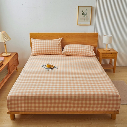 91家纺网 家纺一手货源 找家纺 居眠 2024新款全棉色织单纯水洗棉无印 床笠 秋田格 米