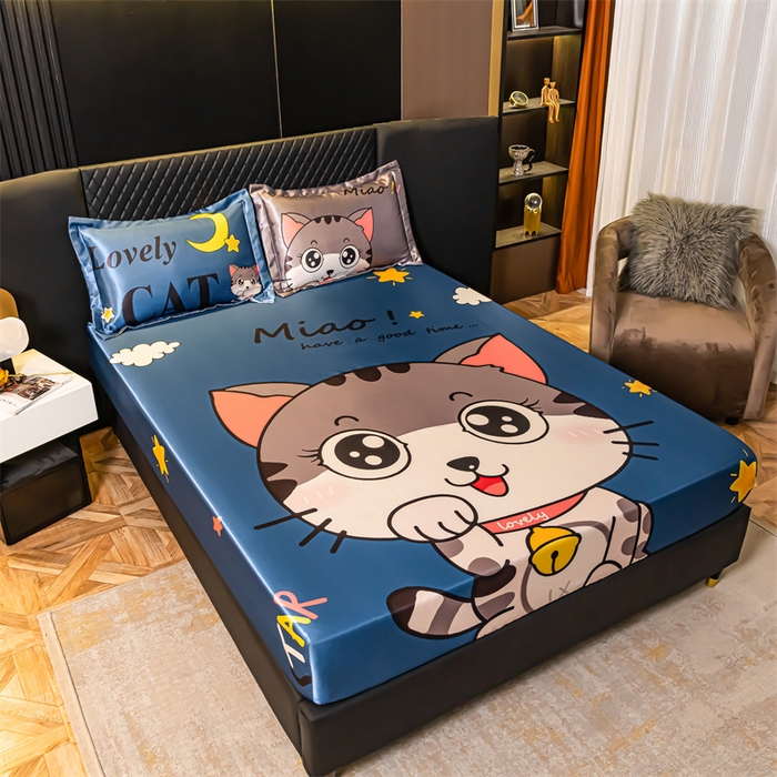 91家纺网 家纺一手货源 找家纺 梦舒羽 2025新款大版可水洗冰丝床笠宿舍床垫保护套三件套 招财小猫