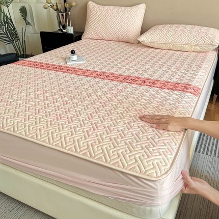 91家纺网 家纺一手货源 找家纺 诺梵 2024年凉感丝印花乳胶凉席床笠三件套 暖暖粉