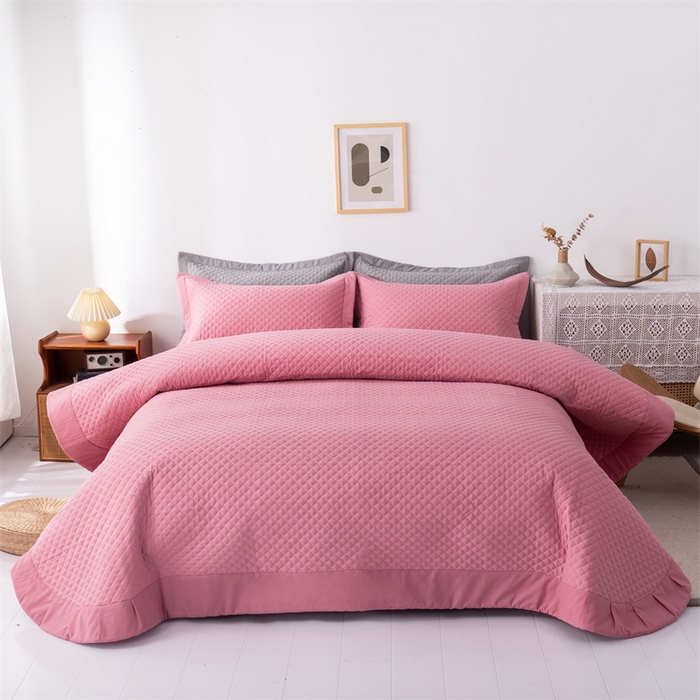 91家纺网 家纺一手货源 找家纺 优乐家纺2025新款全棉床盖三件套水洗纯棉夹棉绗缝加厚铺盖 活力豆沙