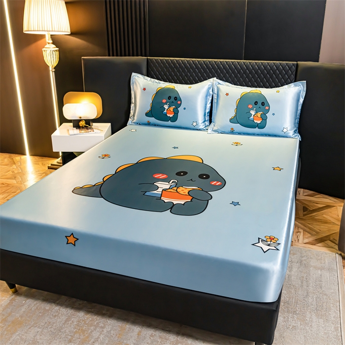 91家纺网 家纺一手货源 找家纺 梦舒羽 2025新款大版可水洗冰丝床笠宿舍床垫保护套三件套 小恐龙