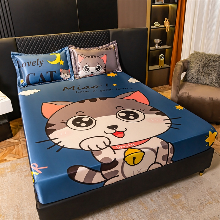 91家纺网 家纺一手货源 找家纺 梦舒羽 2025新款大版可水洗冰丝床笠宿舍床垫保护套三件套 招财小猫