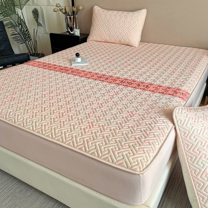 91家纺网 家纺一手货源 找家纺 诺梵 2024年凉感丝印花乳胶凉席床笠三件套 暖暖粉