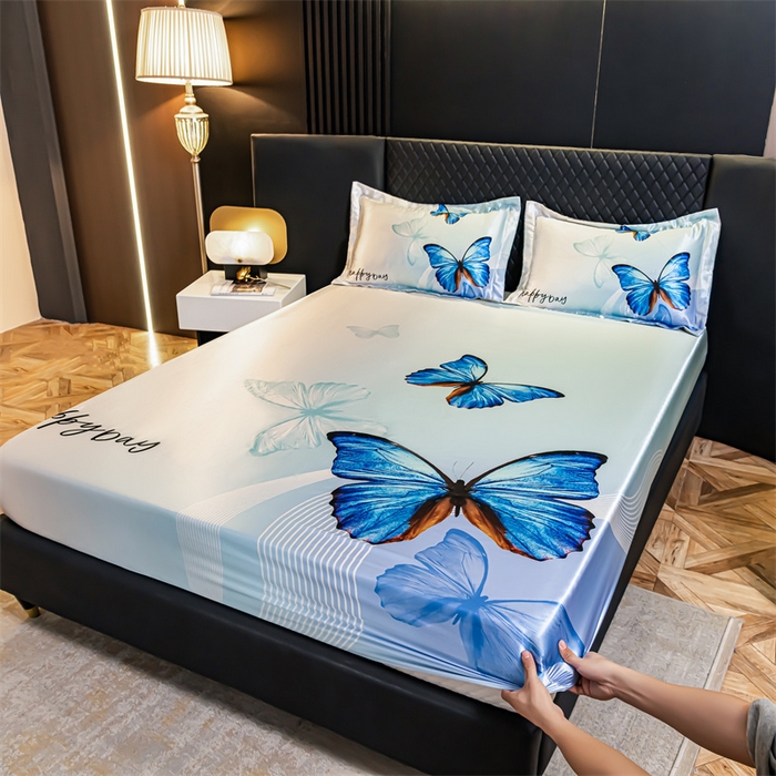 91家纺网 家纺一手货源 找家纺 梦舒羽 2025新款大版可水洗冰丝床笠宿舍床垫保护套三件套 蓝蝴蝶