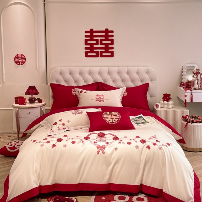 91家纺网 家纺一手货源 找家纺 遇见家居生活馆 2024新款全棉刺绣婚庆四件套 幸福约定-奶昔白