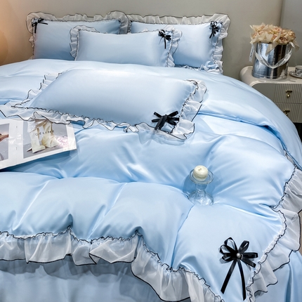 91家纺网 家纺一手货源 找家纺 二八年华 2024新款莫奈花园系列高克重法式双裥花边水洗真丝四件套 莫奈-天蓝