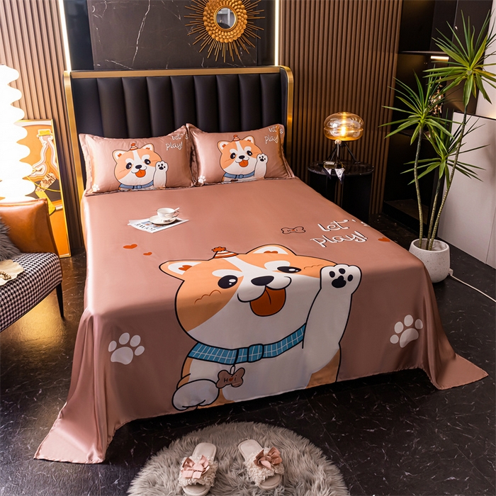 91家纺网 家纺一手货源 找家纺 梦舒羽 2025新款大版可水洗冰丝床单宿舍床垫保护罩三件套 可爱汪