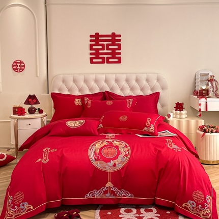 遇见家居生活馆 2024新款全棉刺绣婚庆四件套 龙凤呈祥-大红