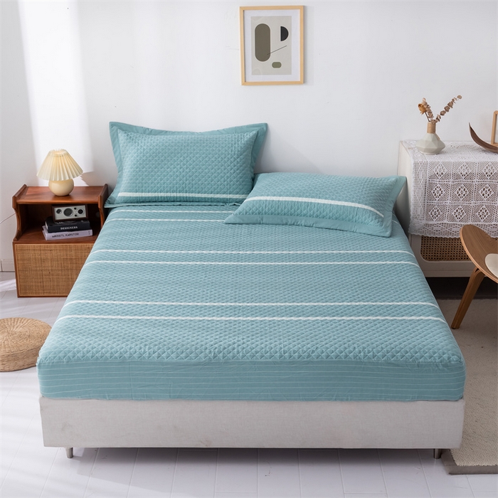 91家纺网 家纺一手货源 找家纺 优乐家纺2025新款全棉床笠水洗纯棉夹棉绗缝加厚床笠 青春绿