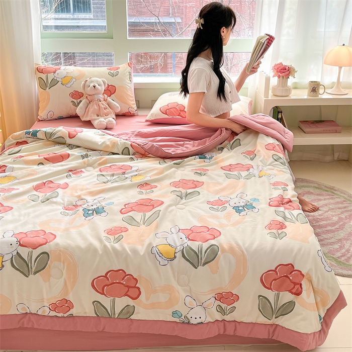 91家纺网 家纺一手货源 找家纺 古吉梦2024新款水洗棉小清新印花夏被被子被芯 夏被-花花兔