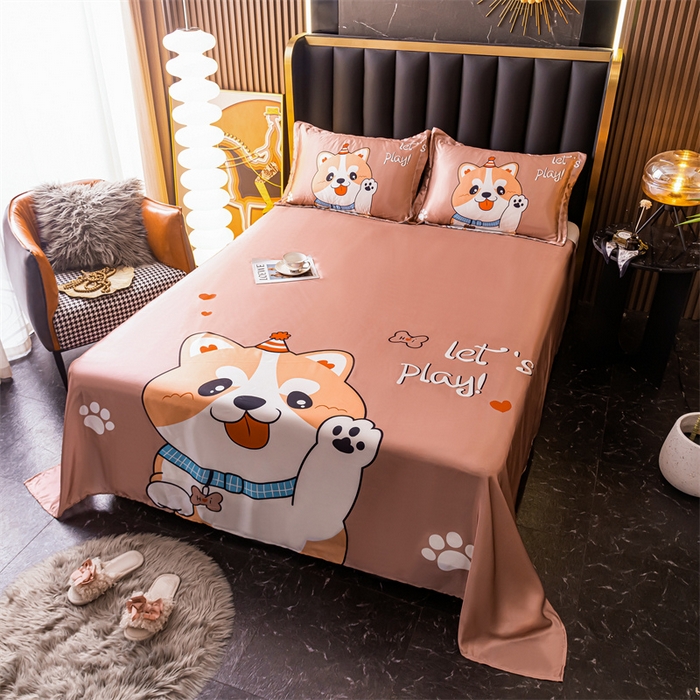 91家纺网 家纺一手货源 找家纺 梦舒羽 2025新款大版可水洗冰丝床单宿舍床垫保护罩三件套 可爱汪