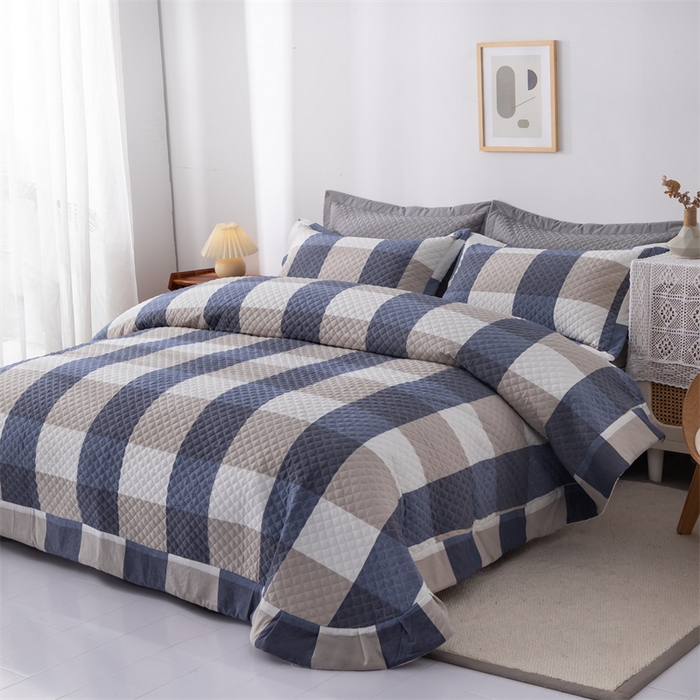 91家纺网 家纺一手货源 找家纺 优乐家纺 2025新款全棉水洗纯棉夹棉绗缝加厚四件套 蓝大格