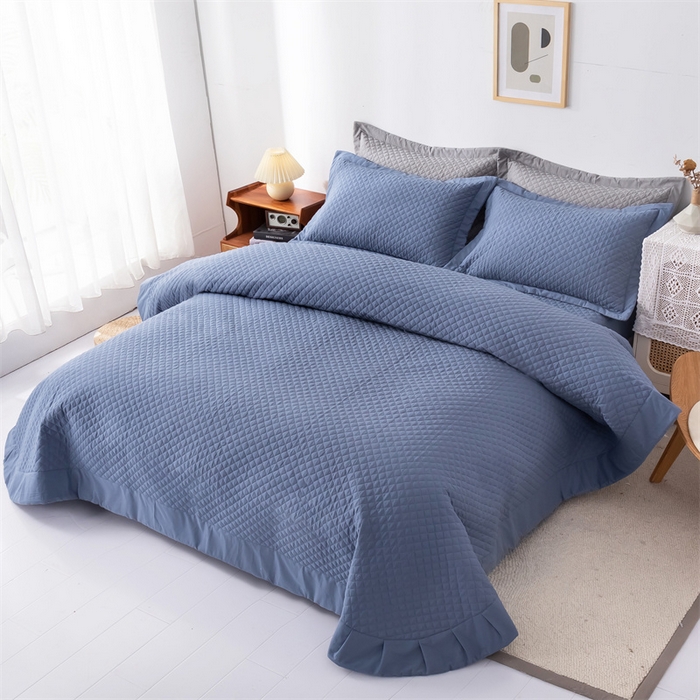 91家纺网 家纺一手货源 找家纺 优乐家纺 2025新款全棉床盖三件套水洗纯棉夹棉绗缝加厚铺盖 经典蓝