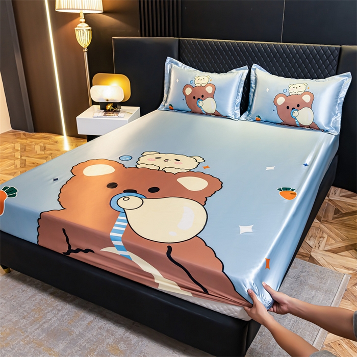 91家纺网 家纺一手货源 找家纺 梦舒羽 2025新款大版可水洗冰丝床笠宿舍床垫保护套三件套 抱抱熊