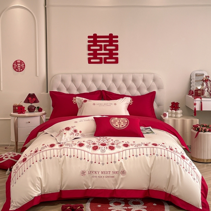 91家纺网 家纺一手货源 找家纺 遇见家居生活馆 2024新款全棉刺绣婚庆四件套 浪漫相随-奶昔白