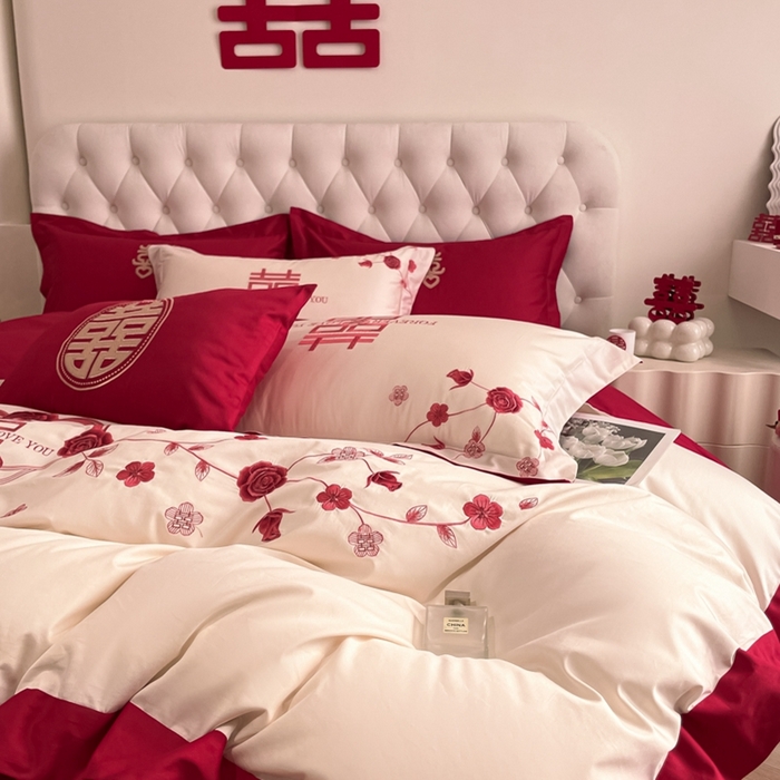 91家纺网 家纺一手货源 找家纺 遇见家居生活馆 2024新款全棉刺绣婚庆四件套 幸福约定-奶昔白