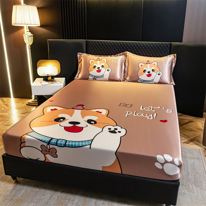 91家纺网 家纺一手货源 找家纺 梦舒羽 2025新款大版可水洗冰丝床笠宿舍床垫保护套三件套 可爱汪