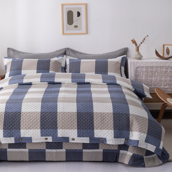 91家纺网 家纺一手货源 找家纺 优乐家纺 2025新款全棉四件套水洗纯棉夹棉绗缝加厚被罩 蓝大格