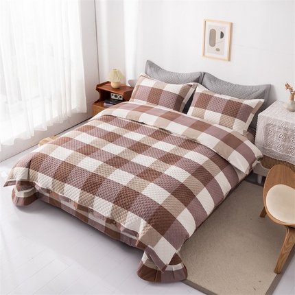 优乐家纺 2025新款全棉四件套水洗纯棉夹棉绗缝加厚被罩 咖大格
