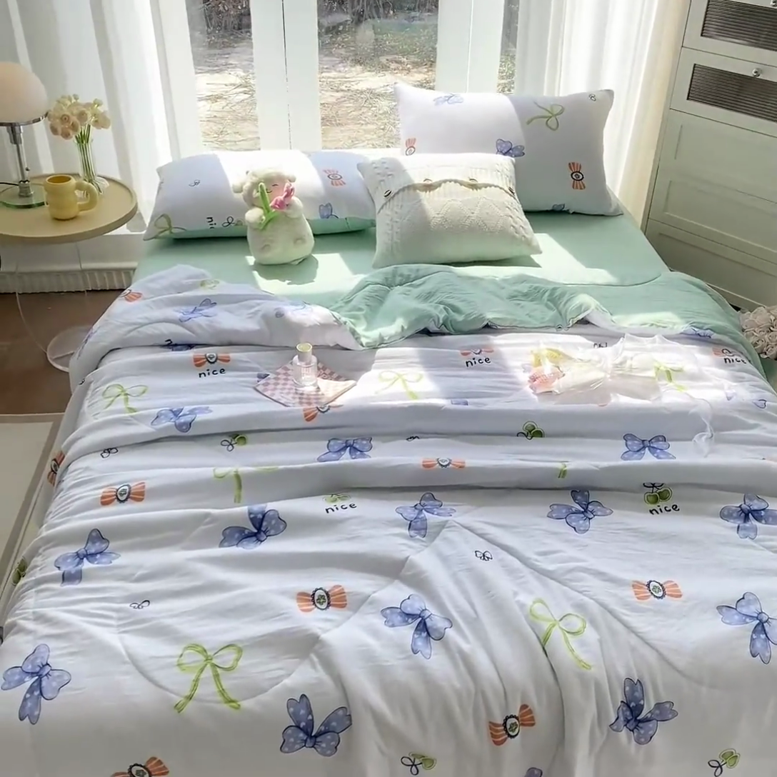 91家纺网 家纺一手货源 找家纺 羋多 2024新款小清新花边水洗棉夏被夏凉被夏被四件套被子 简单爱