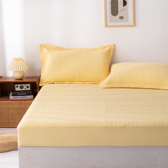 91家纺网 家纺一手货源 找家纺 优乐家纺 2025新款全棉床笠水洗纯棉夹棉绗缝加厚床笠 香橙黄