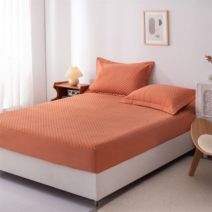 91家纺网 家纺一手货源 找家纺 优乐家纺 2025新款全棉床笠水洗纯棉夹棉绗缝加厚床笠 溶蜜橙