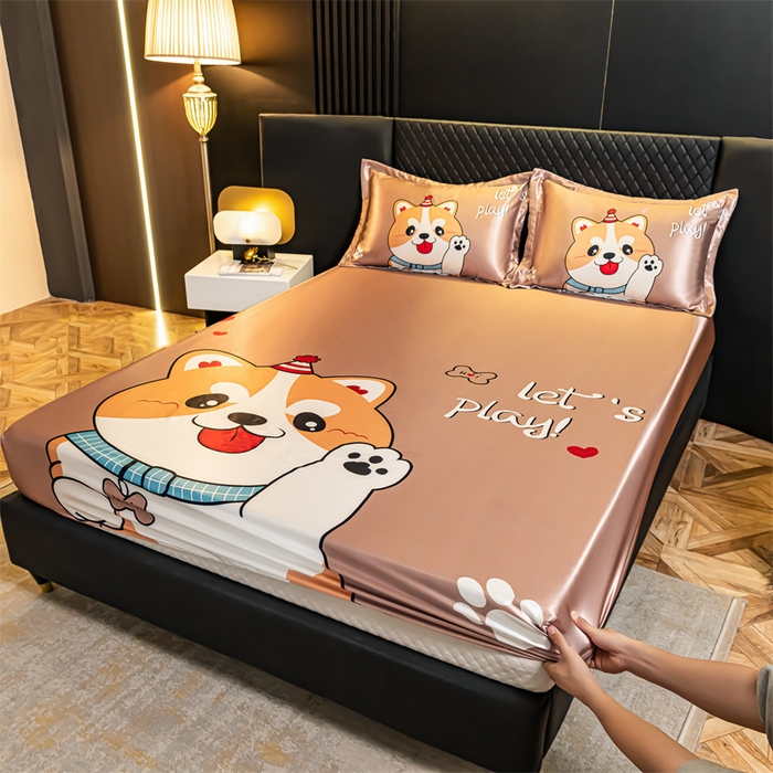 91家纺网 家纺一手货源 找家纺 梦舒羽 2025新款大版可水洗冰丝床笠宿舍床垫保护套三件套 可爱汪