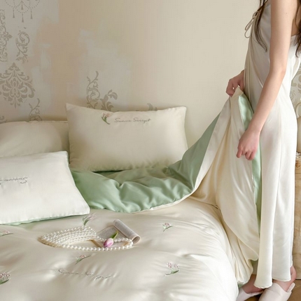 初拾 2024新款A类天丝棉刺绣四件套-郁金香铃兰花 郁金香-明绿