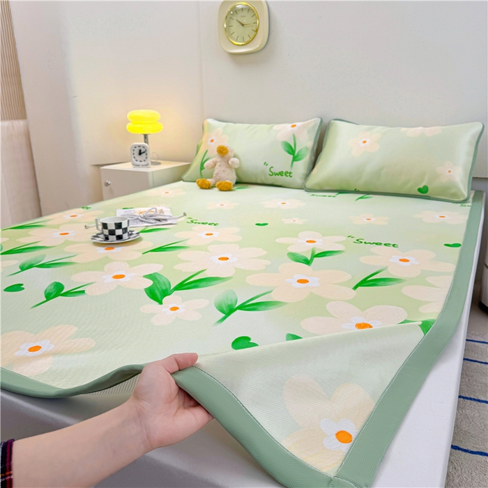 91家纺网 家纺一手货源 找家纺 喜居 2024新款碳光冰丝席冰丝凉席印花冰丝席三件套软凉席子 盛夏