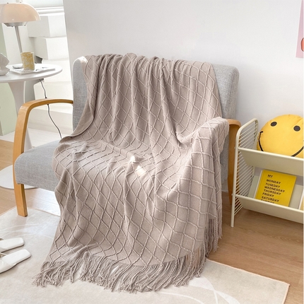 朴尔家纺-毛巾被 2024新款菱形格条纹流苏手工针织毯 浅咖色