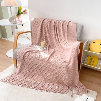 朴尔家纺-毛巾被 2024新款菱形格条纹流苏手工针织毯 嫩粉色