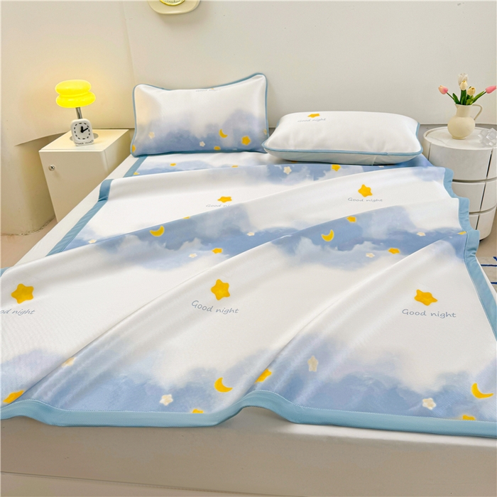 91家纺网 家纺一手货源 找家纺 喜居 2024新款碳光冰丝席冰丝凉席印花冰丝席三件套软凉席子 星河