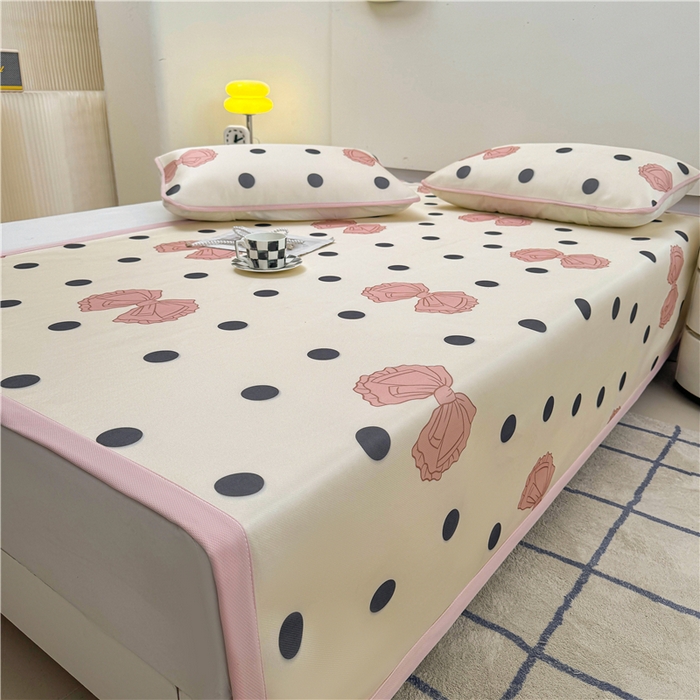 91家纺网 家纺一手货源 找家纺 喜居 2024新款碳光冰丝席冰丝凉席印花冰丝席三件套软凉席子 粉色心情