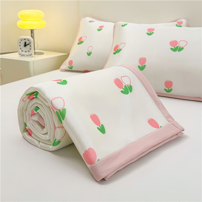 91家纺网 家纺一手货源 找家纺 喜居 2024新款碳光冰丝席冰丝凉席印花冰丝席三件套软凉席子 郁金香-粉