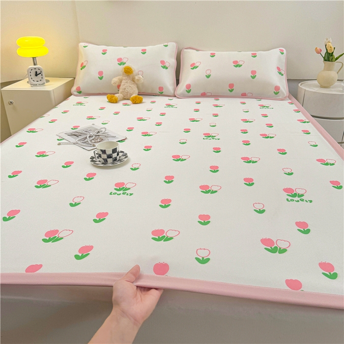 91家纺网 家纺一手货源 找家纺 喜居 2024新款碳光冰丝席冰丝凉席印花冰丝席三件套软凉席子 郁金香-粉