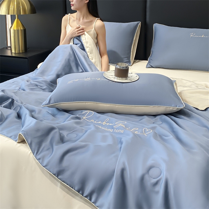 91家纺网 家纺一手货源 找家纺 （总）小久久（小九九） 2024新款水洗真丝刺绣双拼夏被四件套-心恋