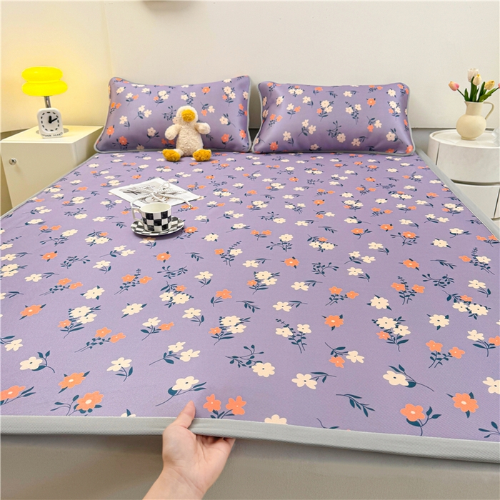 91家纺网 家纺一手货源 找家纺 喜居 2024新款碳光冰丝席冰丝凉席印花冰丝席三件套软凉席子 蔷薇花