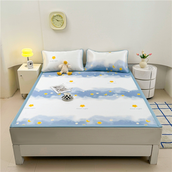 91家纺网 家纺一手货源 找家纺 喜居 2024新款碳光冰丝席冰丝凉席印花冰丝席三件套软凉席子 星河