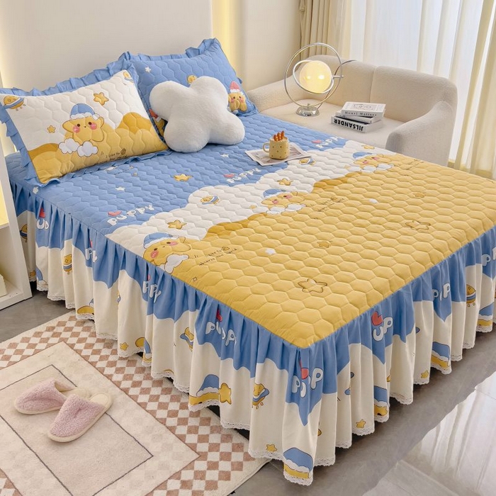 91家纺网 家纺一手货源 找家纺 情煊家纺 2024新款全棉亲肤夹棉纯色印花床裙单品系列-单床裙 甜星