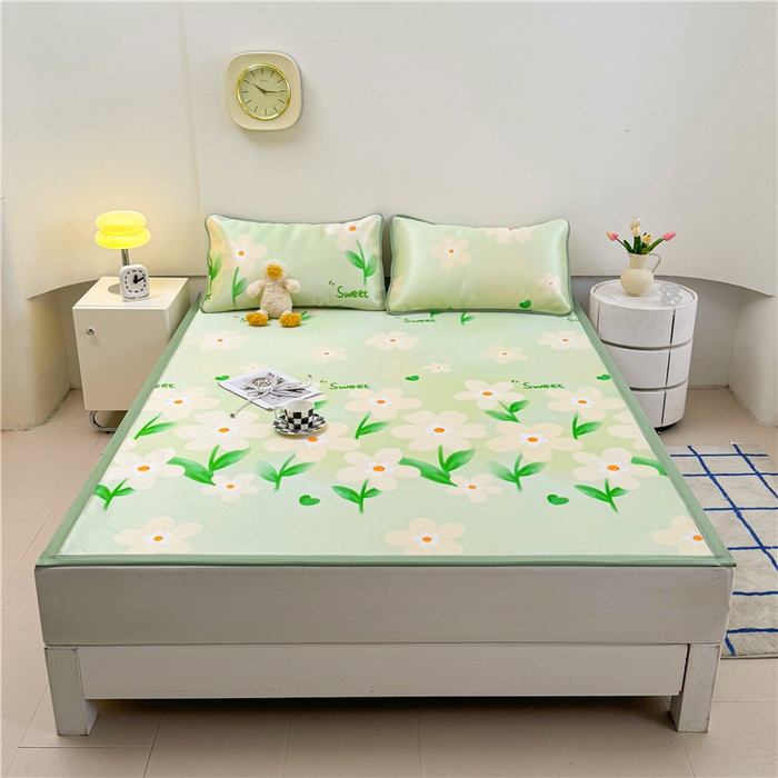 91家纺网 家纺一手货源 找家纺 喜居 2024新款碳光冰丝席冰丝凉席印花冰丝席三件套软凉席子 盛夏