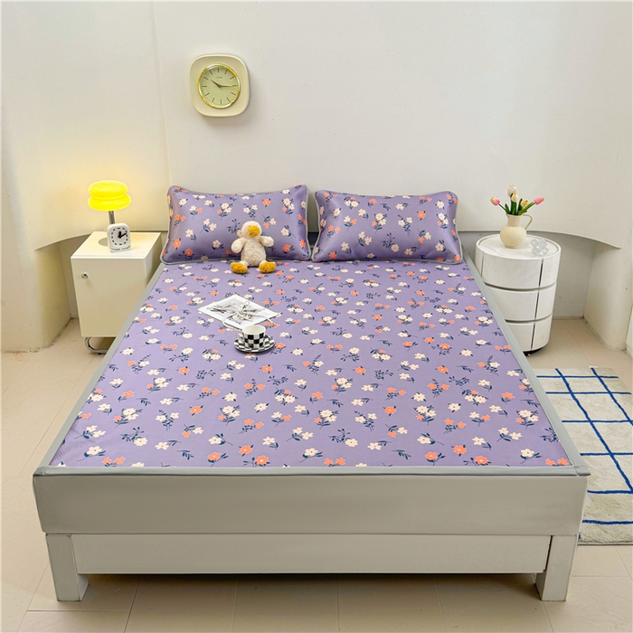 91家纺网 家纺一手货源 找家纺 喜居 2024新款碳光冰丝席冰丝凉席印花冰丝席三件套软凉席子 蔷薇花