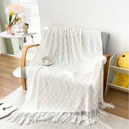 朴尔家纺-毛巾被 2024新款菱形格条纹流苏手工针织毯 乳白色