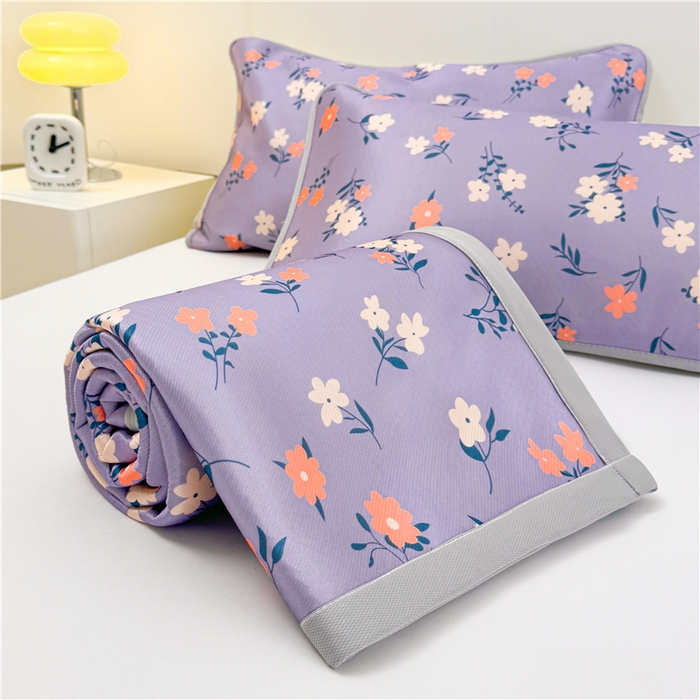 91家纺网 家纺一手货源 找家纺 喜居 2024新款碳光冰丝席冰丝凉席印花冰丝席三件套软凉席子 蔷薇花