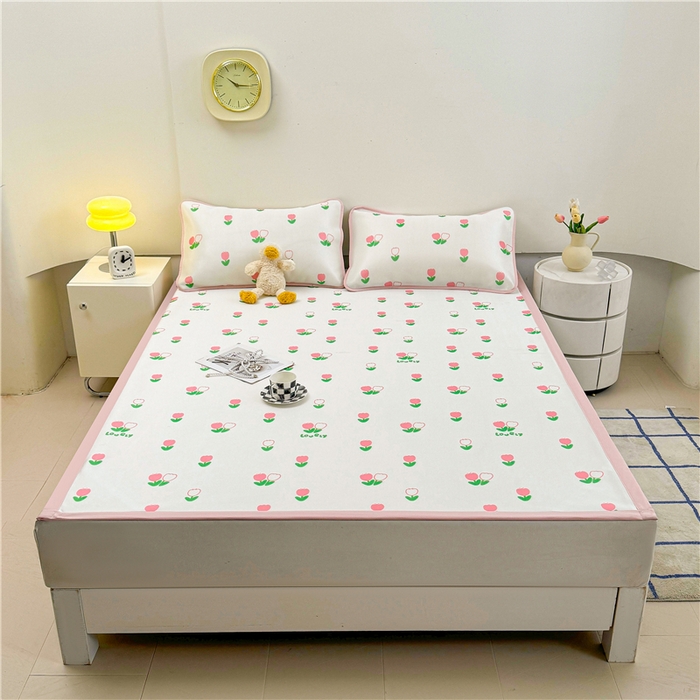 91家纺网 家纺一手货源 找家纺 喜居 2024新款碳光冰丝席冰丝凉席印花冰丝席三件套软凉席子 郁金香-粉