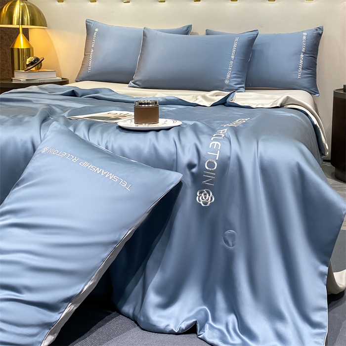 91家纺网 家纺一手货源 找家纺 （总）小久久（小九九） 2024新款水洗真丝刺绣双拼夏被四件套-山茶花