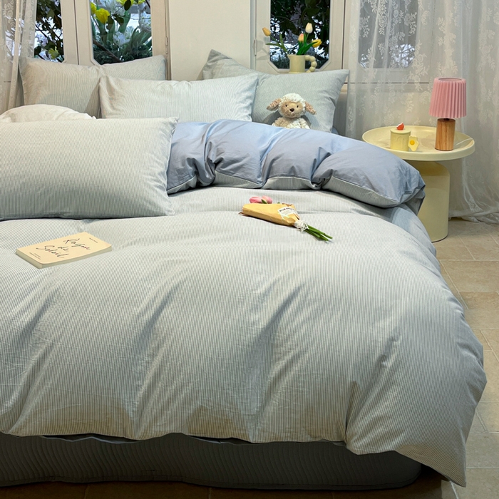 91家纺网 家纺一手货源 找家纺 喜居 2024新款全棉色织被套单被套纯棉被套全棉被套 小密条蓝