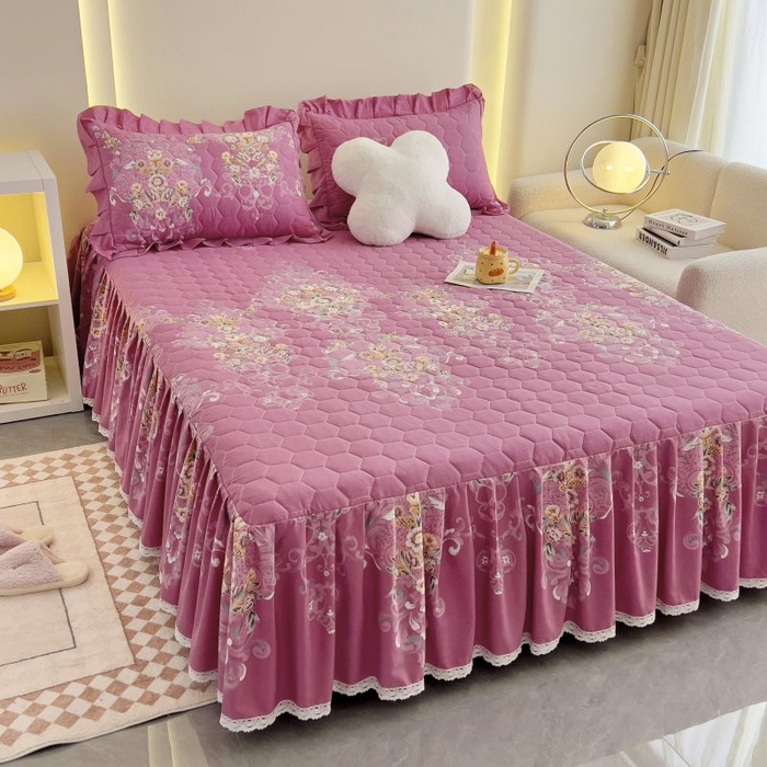 91家纺网 家纺一手货源 找家纺 情煊家纺 2024新款全棉亲肤夹棉纯色印花床裙单品系列-单床裙 锦绣花期-豆沙