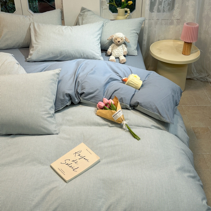 91家纺网 家纺一手货源 找家纺 喜居 2024新款全棉色织被套单被套纯棉被套全棉被套 小密条蓝