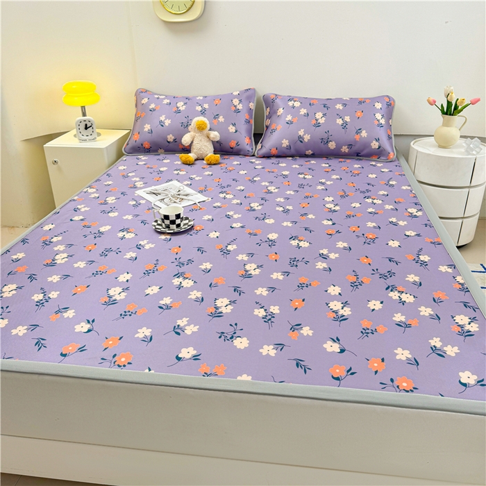 91家纺网 家纺一手货源 找家纺 喜居 2024新款碳光冰丝席冰丝凉席印花冰丝席三件套软凉席子 蔷薇花